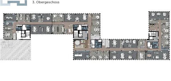 3 OG, Grundriss, effizientes und sehr flexibles Büroraumkonzept, MEANDRIS Frankfurt